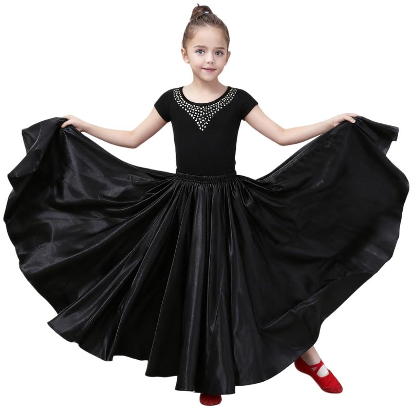 Sancan Girls Belly Latin Dance Skirt - Elastic Waist Ankle Length Full Flowy Circle Dancewear for Dance Practice Training (US, Age, 8 Years, 12 Years, Black) - Image 2